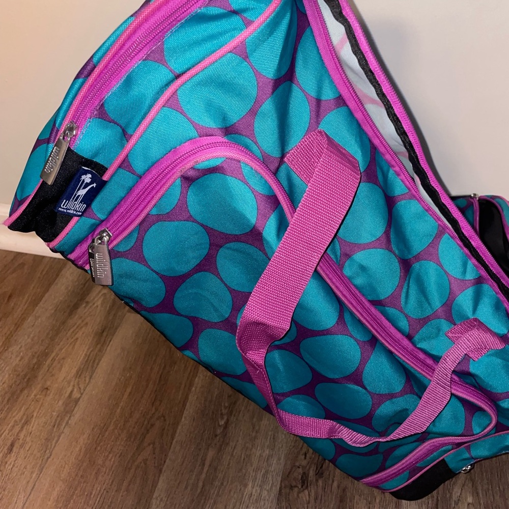 Teal and Pink Polka Dot Duffel Bag